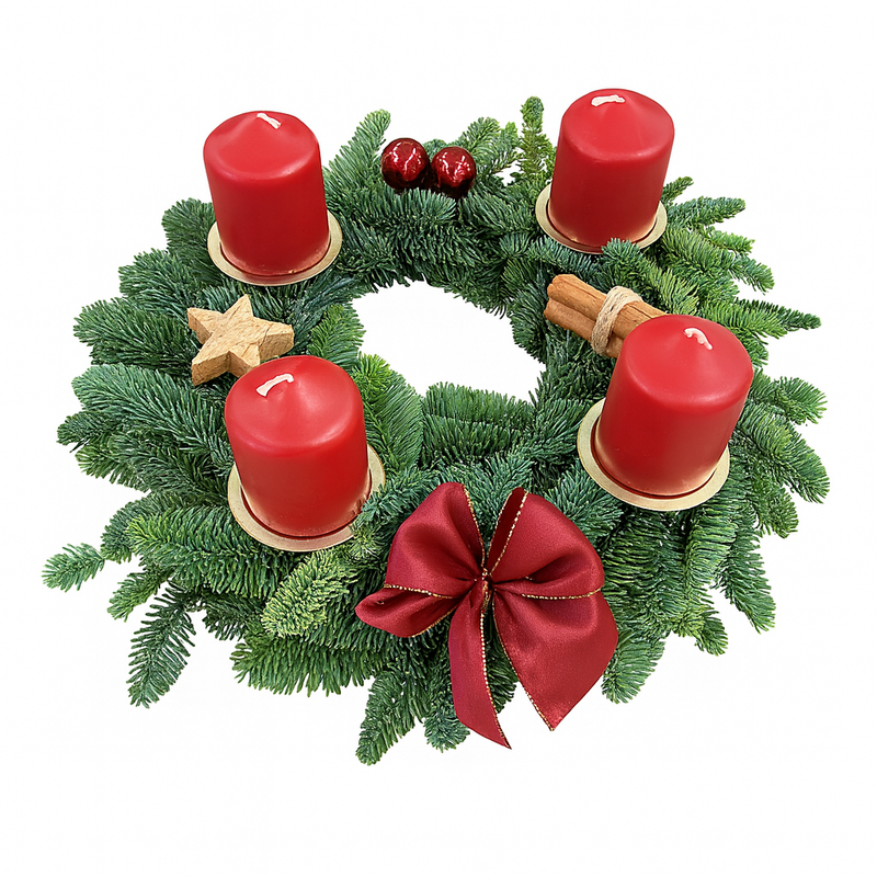 Echter Adventskranz rund Ø 30cm rot mit 4 Kerzen natürlicher Tannenkranz Adventsgesteck