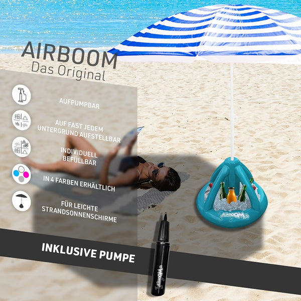 Double Pack Airboom & Pumpe – Der aufblasbare Sonnenschirmständer mit Getränkekühler für den Strand