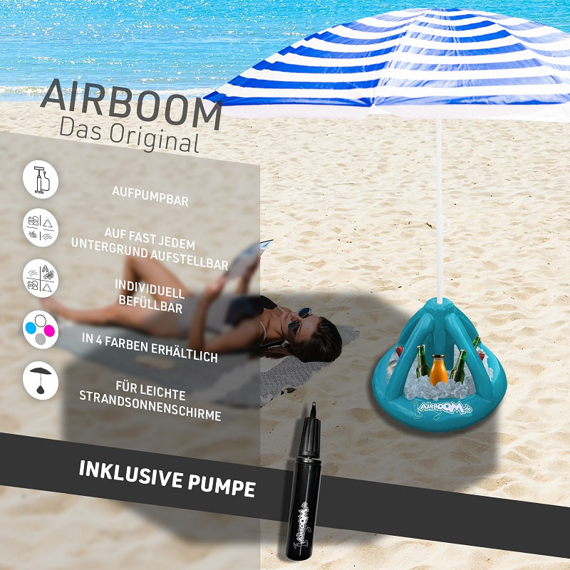 Double Pack Airboom & Pumpe – Der aufblasbare Sonnenschirmständer mit Getränkekühler für den Strand