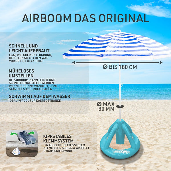 Double Pack Airboom & Pumpe – Der aufblasbare Sonnenschirmständer mit Getränkekühler für den Strand