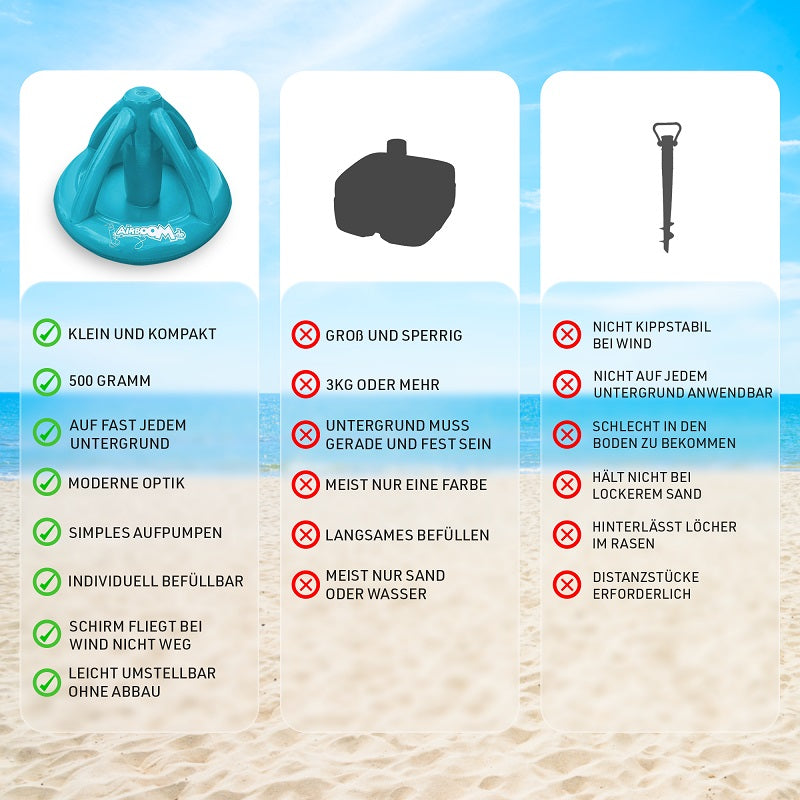 Double Pack Airboom & Pumpe – Der aufblasbare Sonnenschirmständer mit Getränkekühler für den Strand