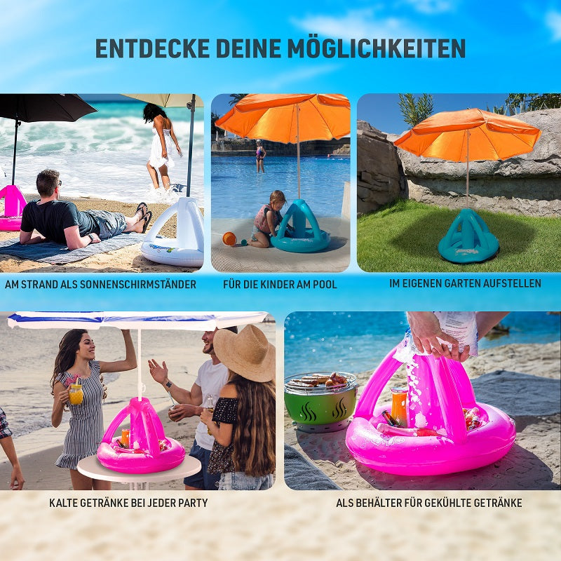 Airboom White mit Pumpe – Der aufblasbare Sonnenschirmständer mit Getränkekühler für den Strand
