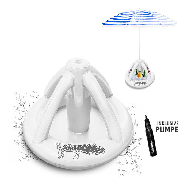 Airboom White mit Pumpe – Der aufblasbare Sonnenschirmständer mit Getränkekühler für den Strand