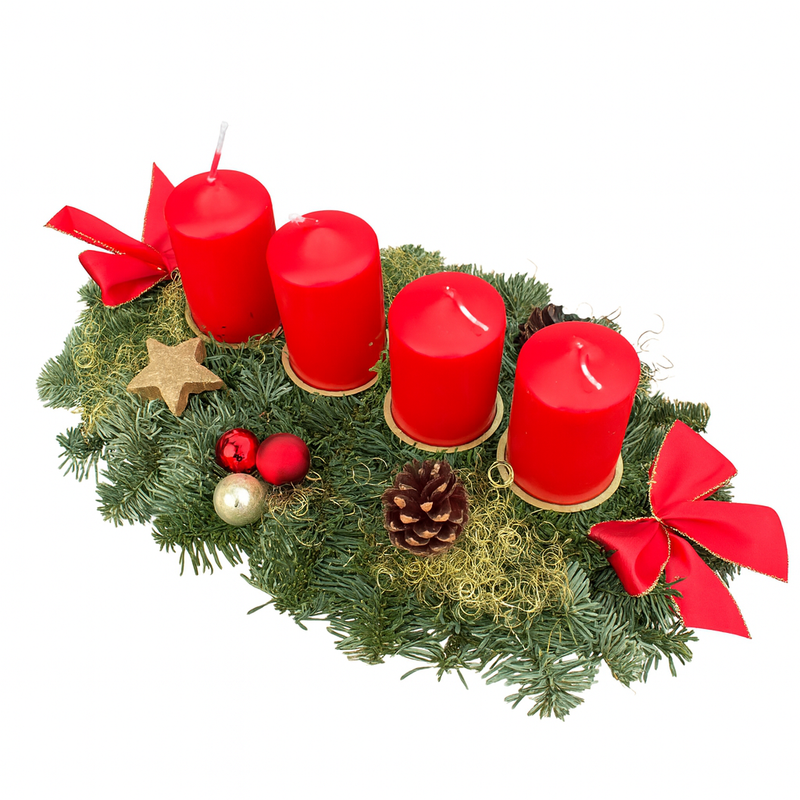 Echter Adventskranz länglich 45cm rot mit 4 Kerzen natürlicher Tannenkranz Adventsgesteck