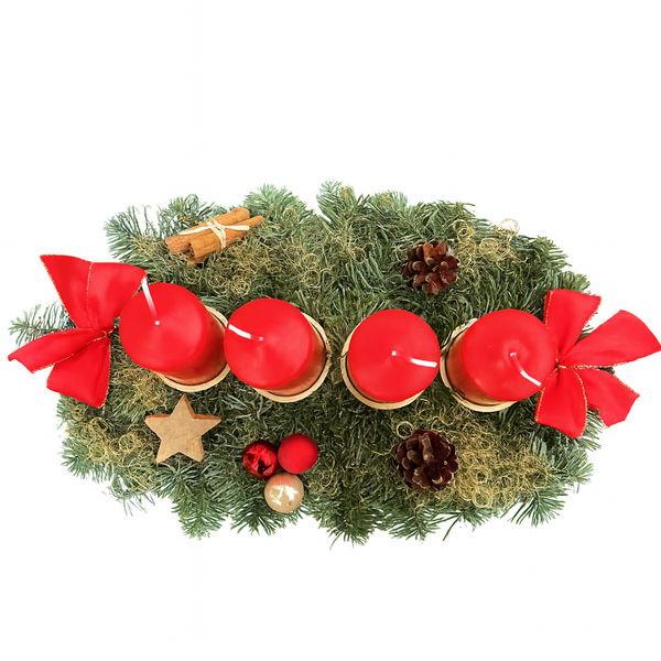 Echter Adventskranz länglich 45cm rot mit 4 Kerzen natürlicher Tannenkranz Adventsgesteck