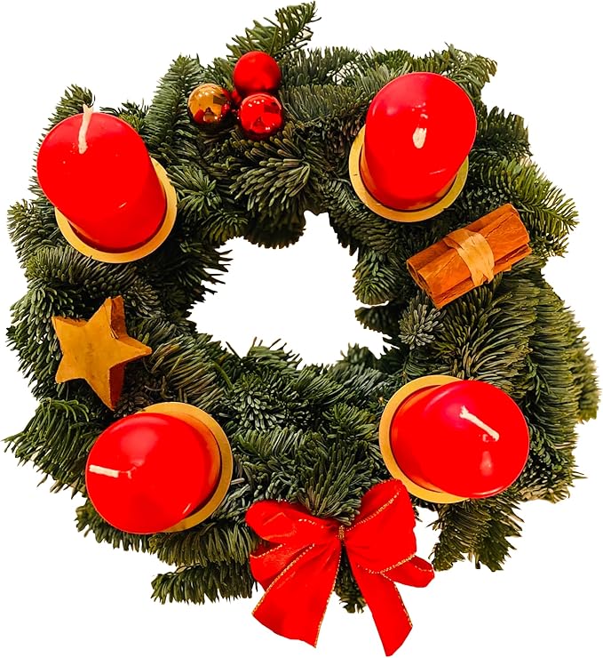 Echter Adventskranz rund Ø 30cm rot mit 4 Kerzen natürlicher Tannenkranz Adventsgesteck